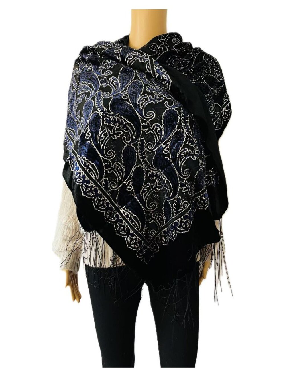 Women Fashion Paisley Blingbling Velvet Rectangular Large Scarf Wrap Shawl-Blue